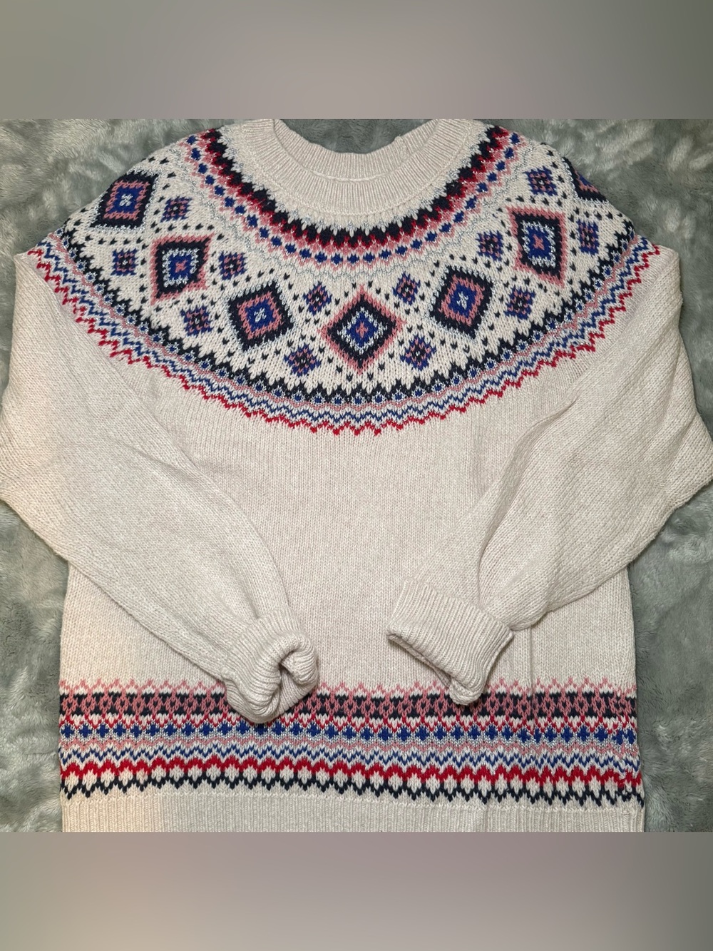 Old Navy Cream Fair Isle Sweater with Blue & Pink Accents